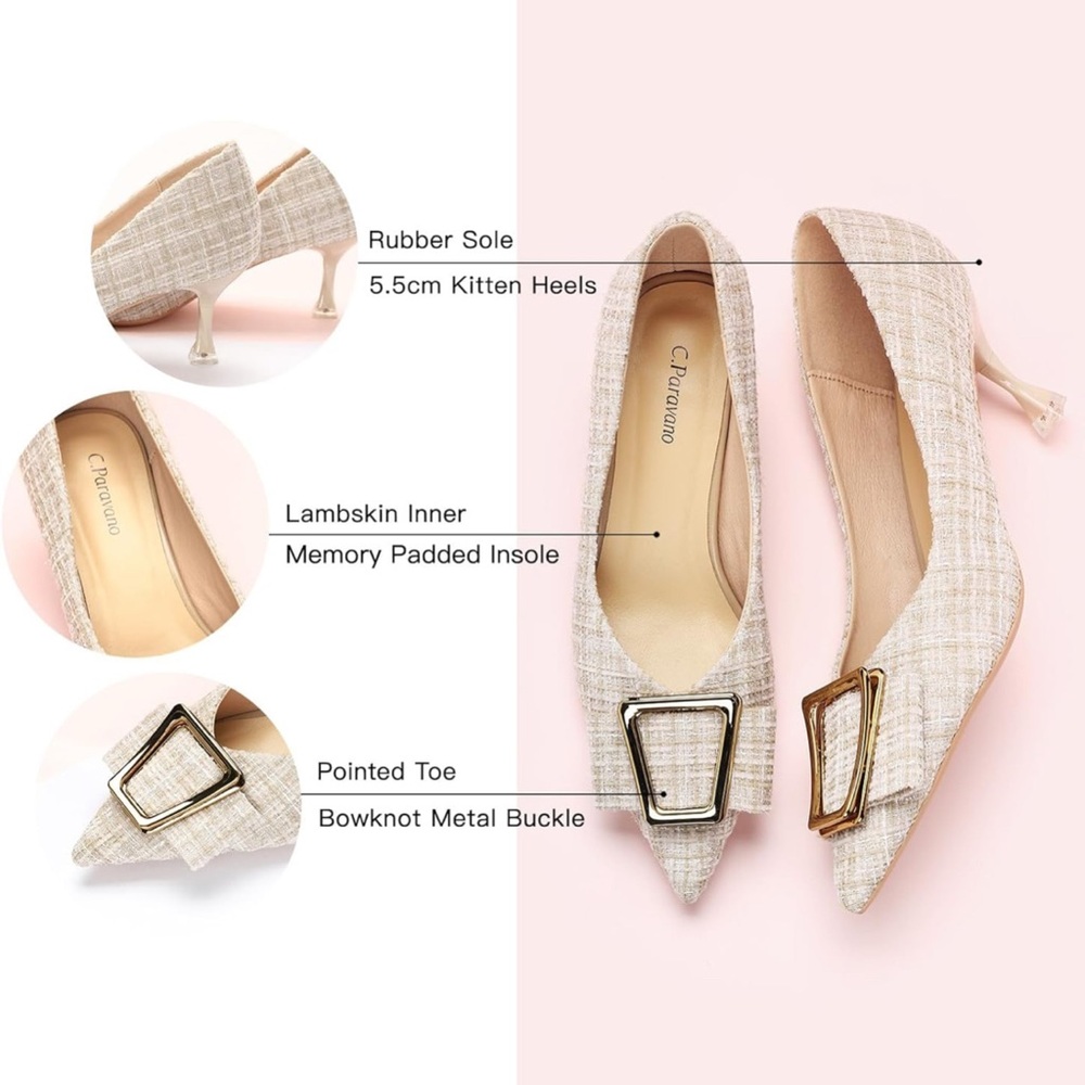 C.Paravano Chic Beige Tweed  Pumps with Gold Buckle size 41/U.S 10.5 NWT..